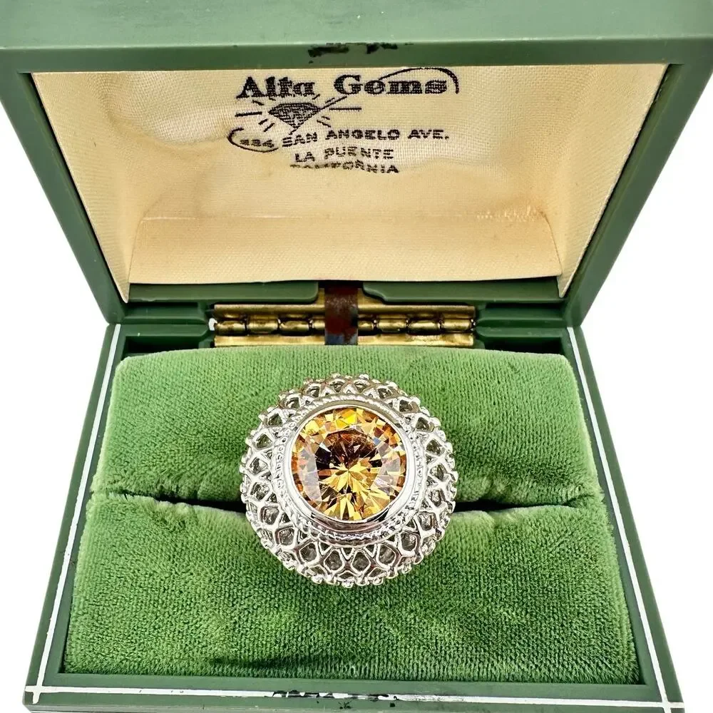 Amber Crystal Gemstone Vintage Style Lattice Silver Tone Size 9 Cocktail Ring